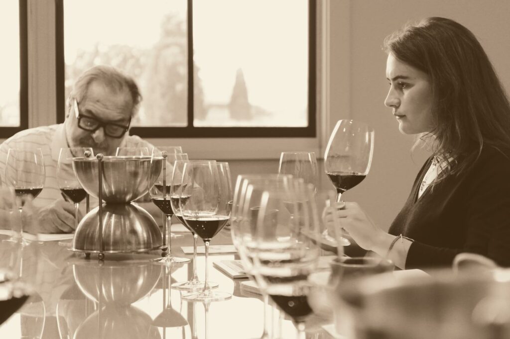 Michel Rolland and Alexandra Evnin blending.